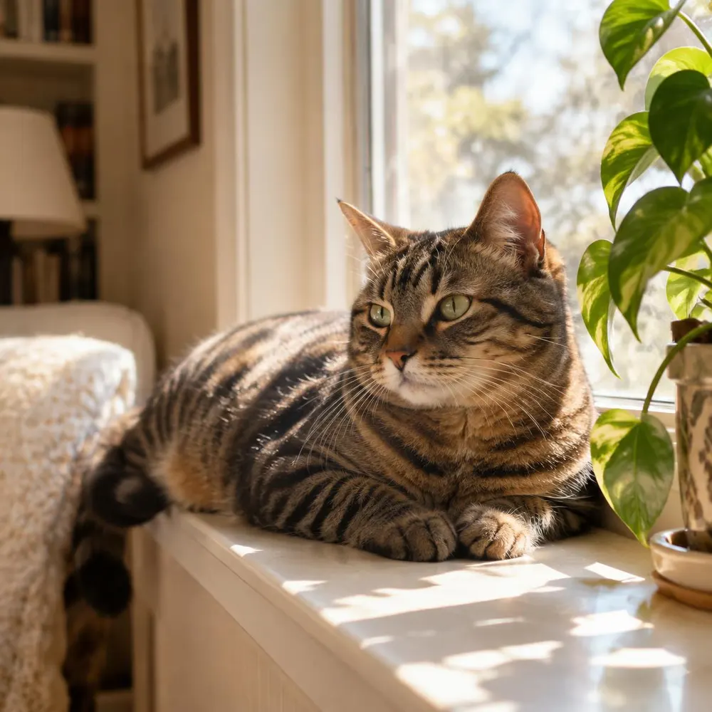 Tabby cat with a glossy coat resting on a sunny windowsill