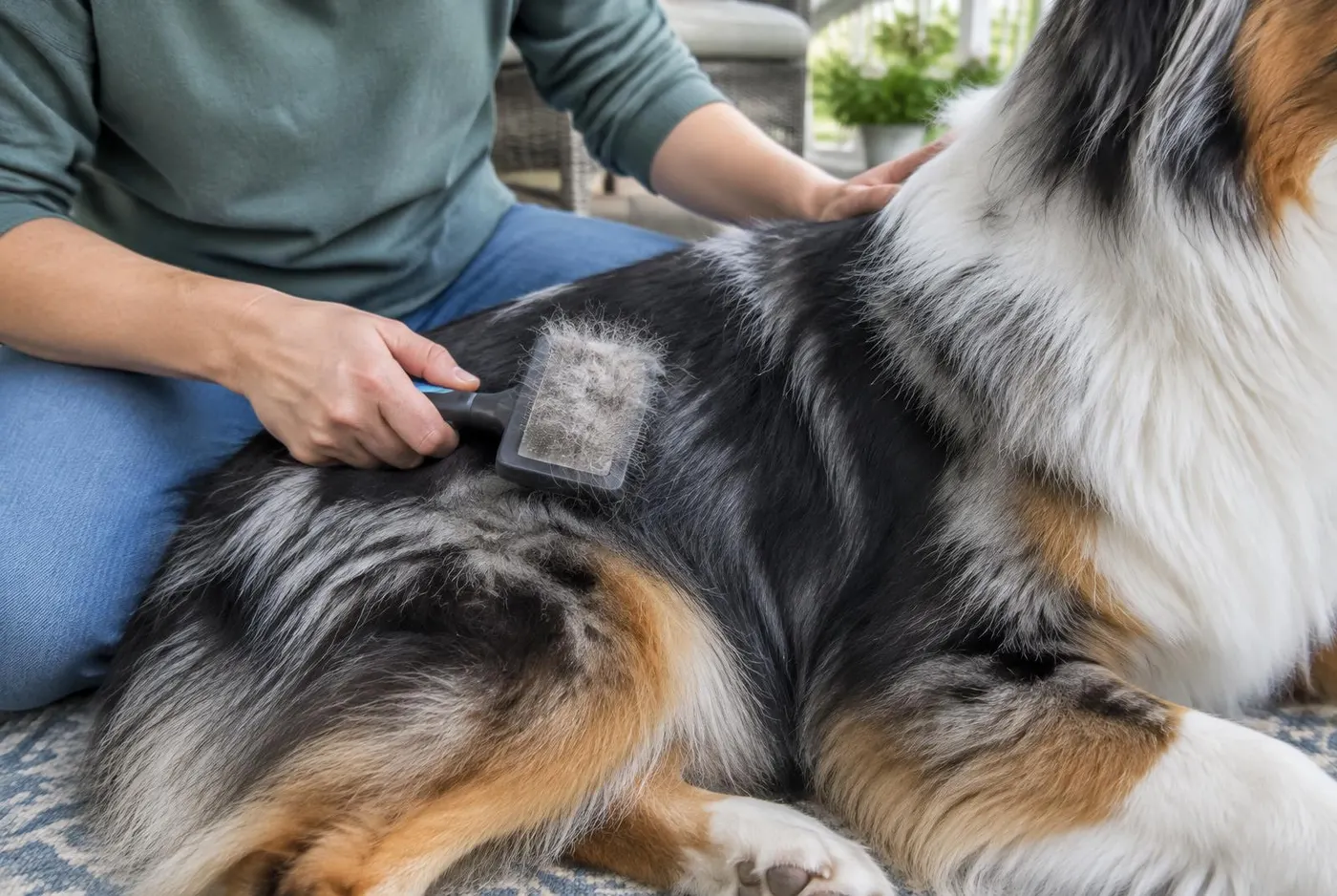 Brushing loose undercoat from an Australian shepherd