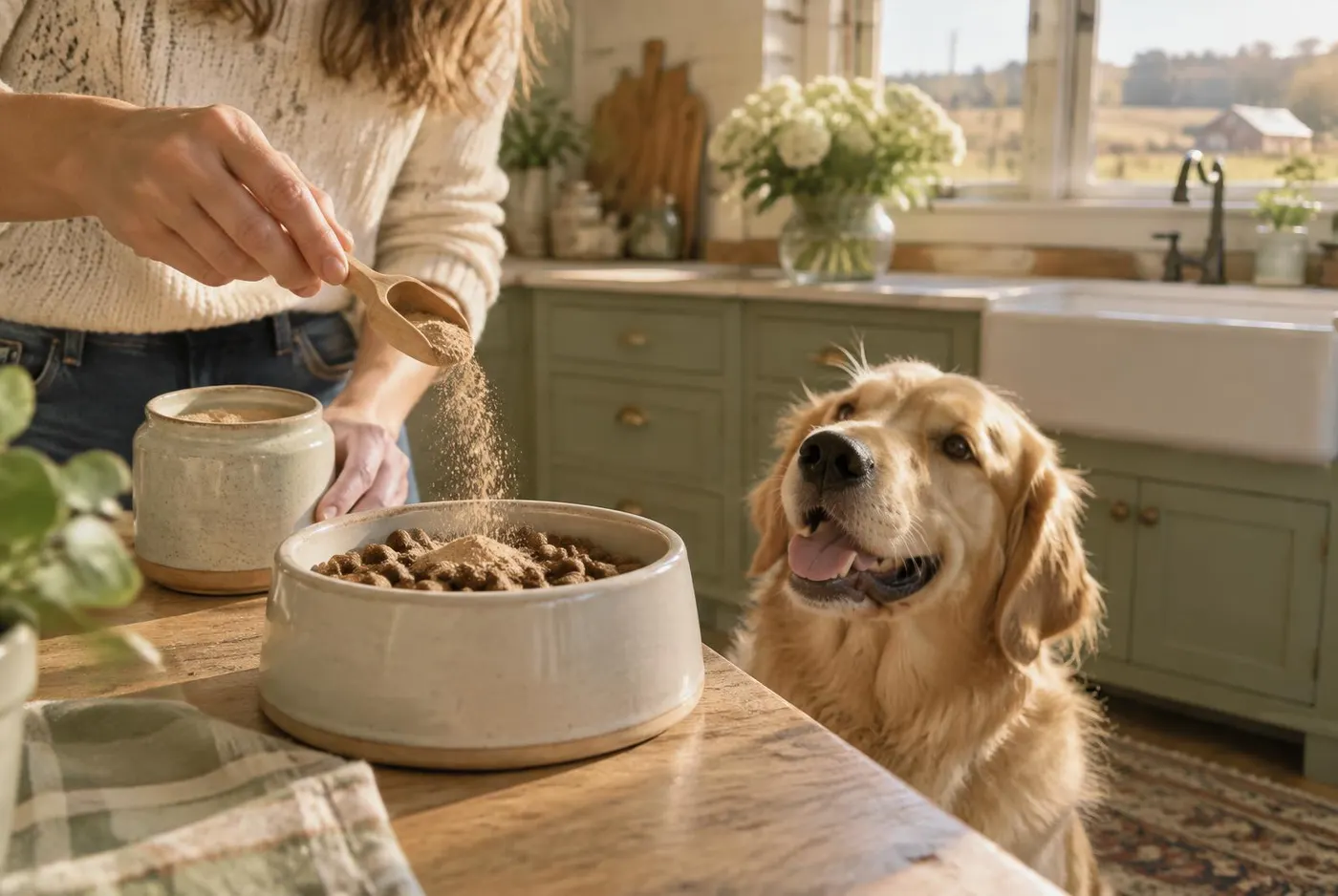 Owner sprinkling FurHealth powder onto a golden retriever's food bowl in a farmhouse kitchen