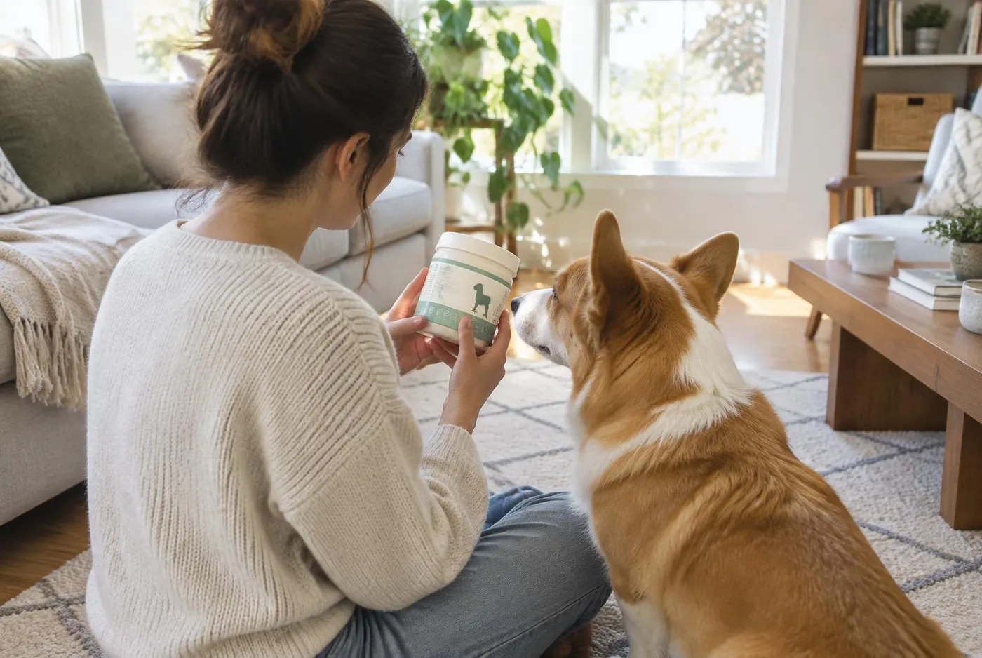 Woman reading a supplement label with her corgi beside her