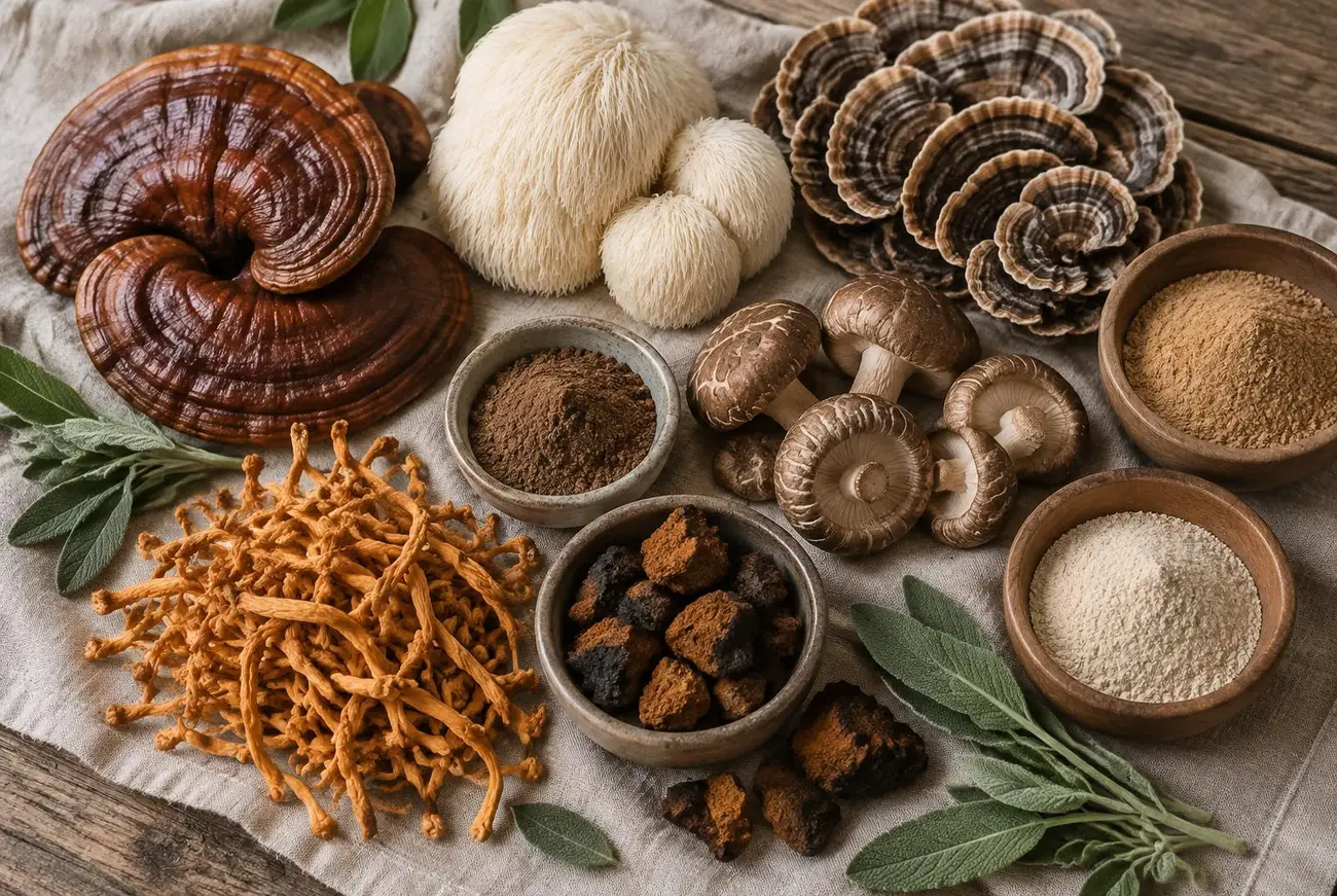 Assortment of functional mushrooms and mushroom powders