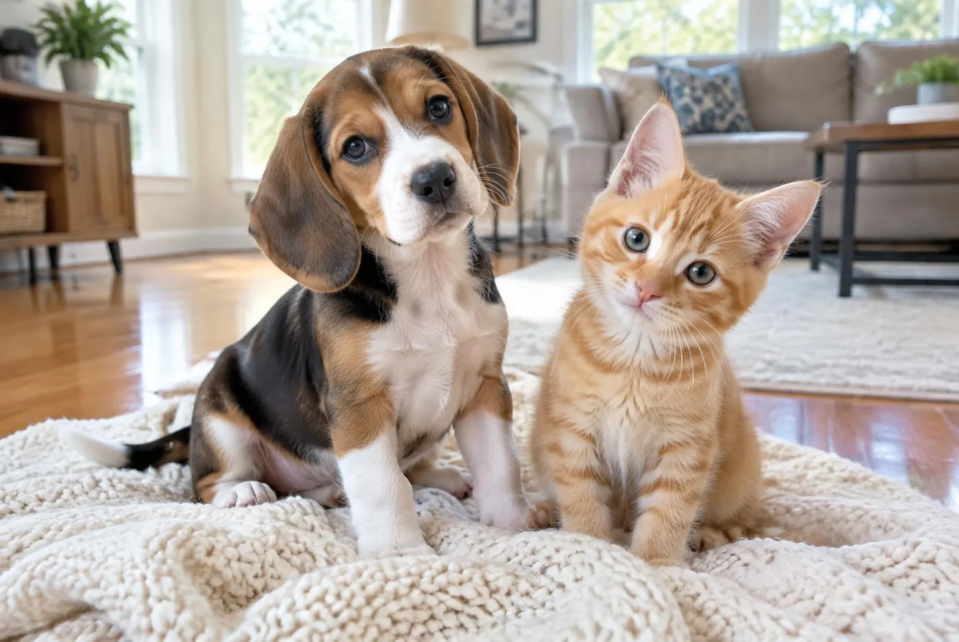 Beagle puppy and orange kitten sitting on a knit blanket