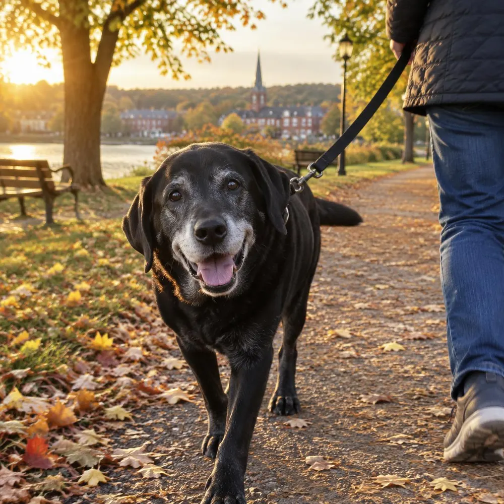 Senior labrador on an autumn walk